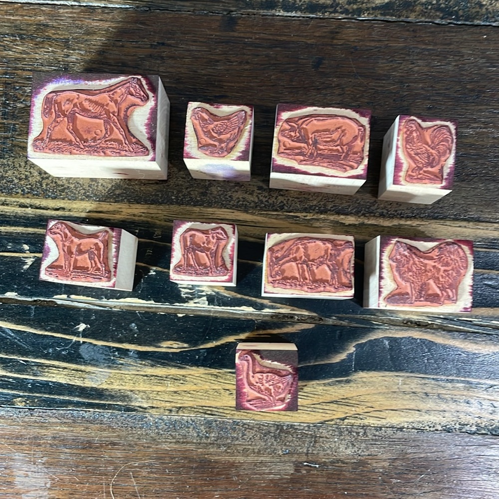 Rubber stamp collection animals horse dogs pig goat rooster chicken cow 9 in box